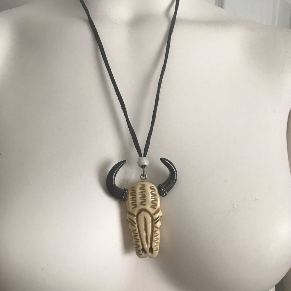 Handmade deer antler skull and horn necklace